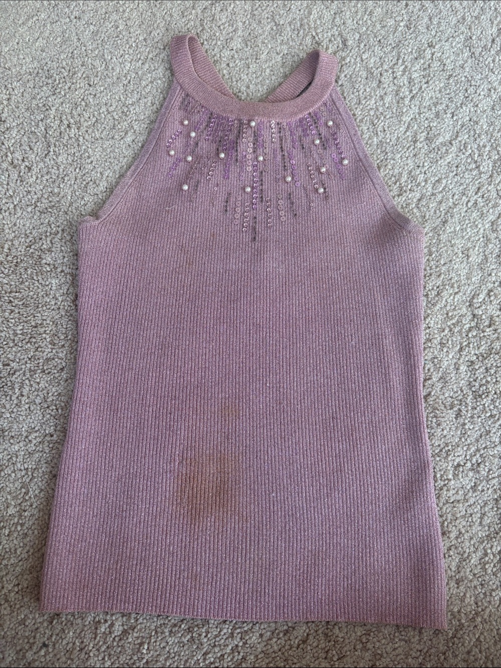 Cache Mauve Beaded Halter Knit Tank Top